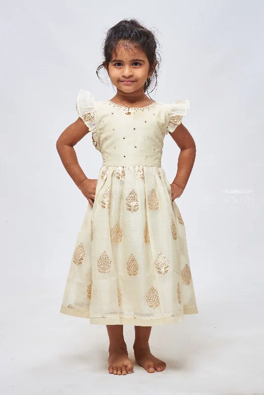 Casual Fashion Half White Butta Beauty: Faux Mirror Embroidered Designer Chanderi Frock for Girls Casual Fashion Half White Butta Beauty: Faux Mirror Embroidered Designer Chanderi Frock for Girls