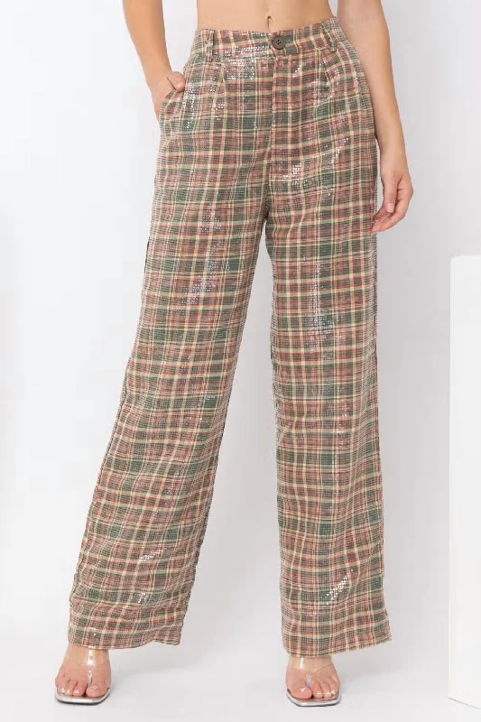 Style Redefined That's A Wrap Sequin Plaid Pants In Brown Multi