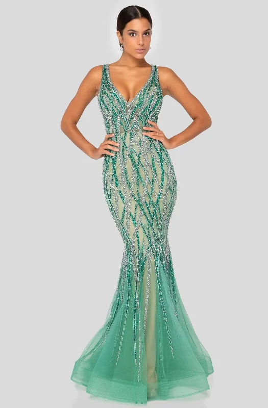 Early Bird Offer Terani Couture - 1912GL9573 Embellished V Neck Sleeveless Mermaid Gown