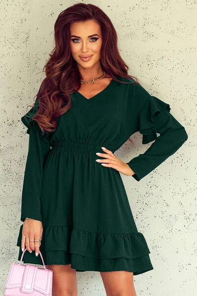Plus Size Women’s Fashion Ruffled V-Neck Dropped Shoulder Mini Dress