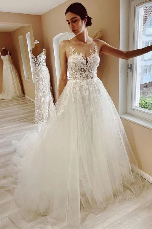 End of Season Sale Roycebridal Tulle A-line Sheer Neck Wedding Dress With Lace Appliques, Bridal Gown, MW917