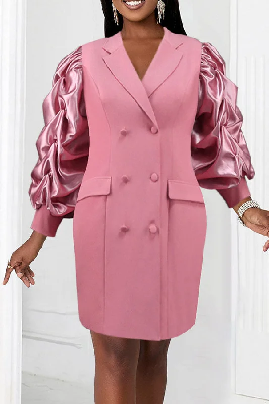 Earthy Tones Patchwork Puff Sleeve Unique Notched Lapel Mini Dress