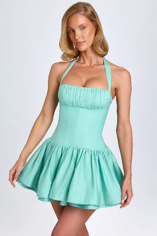 Trendy Women's Wear Collection Ruched Halterneck Mini Dress in Sea Green