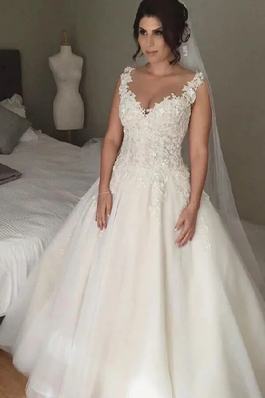 Budget Friendly Roycebridal Tulle Ball Gown V-neck Sweep Train Wedding Dresses, Bridal Gown, MW811