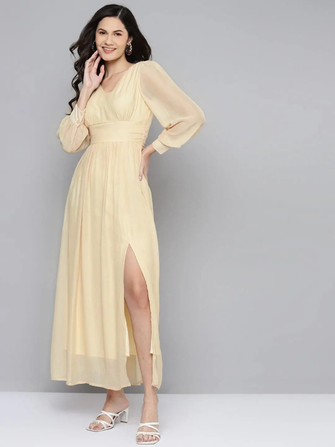 Pastel Styles Women Beige V-Neck Maxi Dress