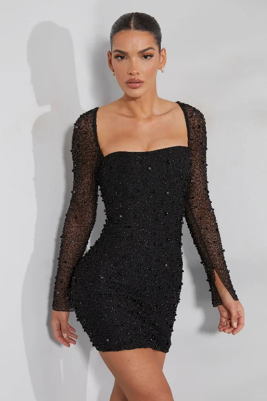 Trend Leading Collection Long Sleeve Embellished Corset Mini Dress in Black