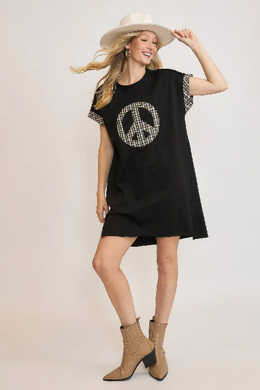 Best Clearance Sales Right Now Umgee Peace Plaid Applique Short Sleeve Mini Dress