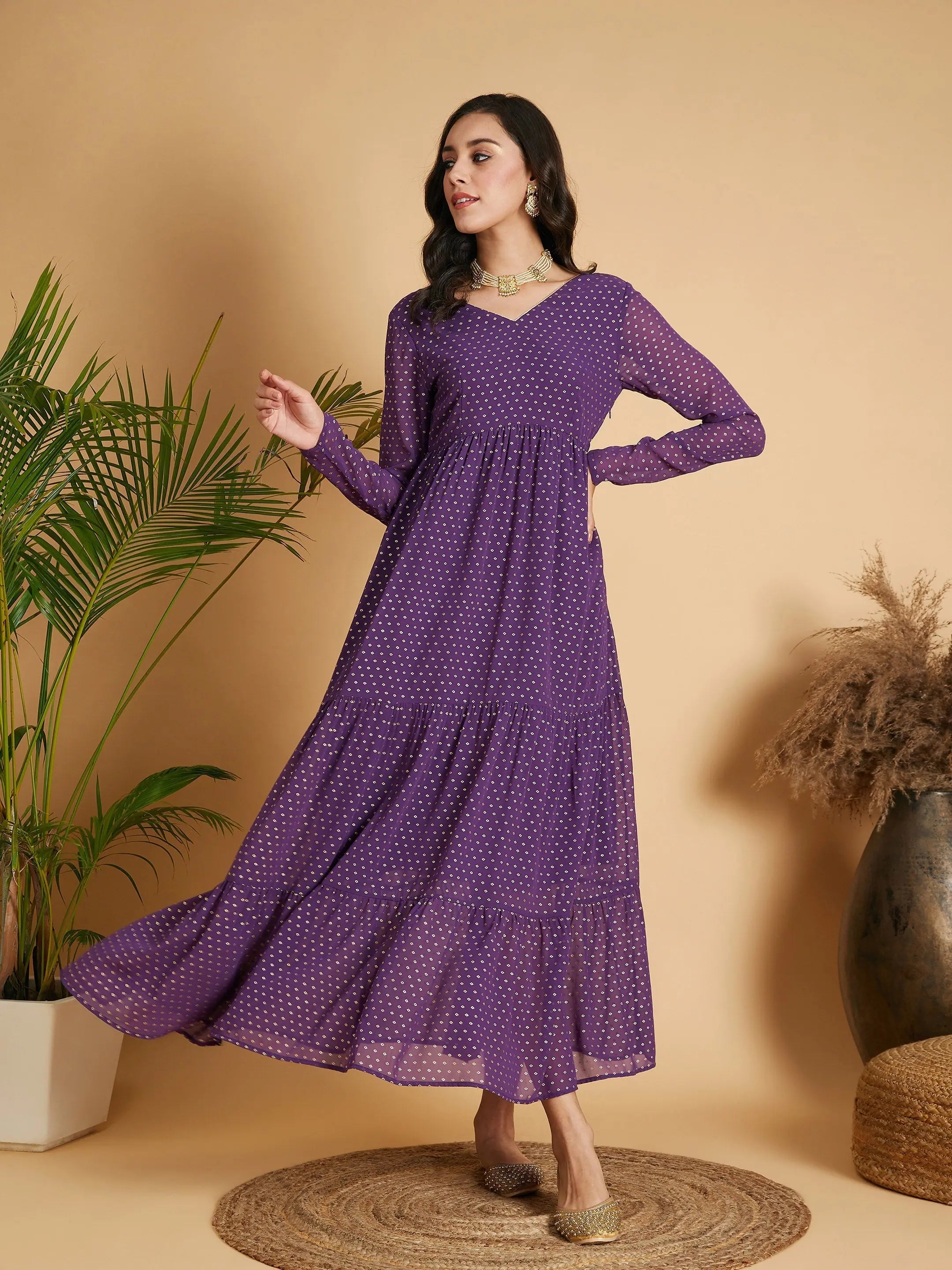 Fashion Essentials Women Purple Dot Foil Print Tiered Maxi Dress