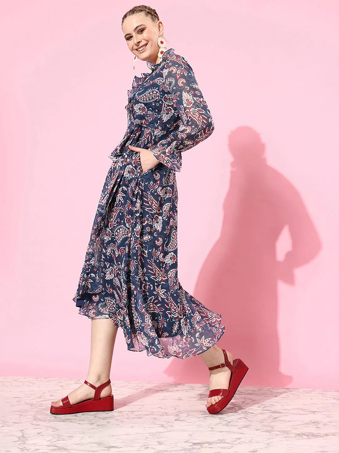 Versatile Outfits Warmth Of The Sun Frilled Midi Dress Multicolored-Base-Navy Blue