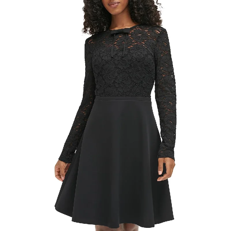 Women Clothing Karl Lagerfeld Paris Womens Lace Trim Bow Midi Dress