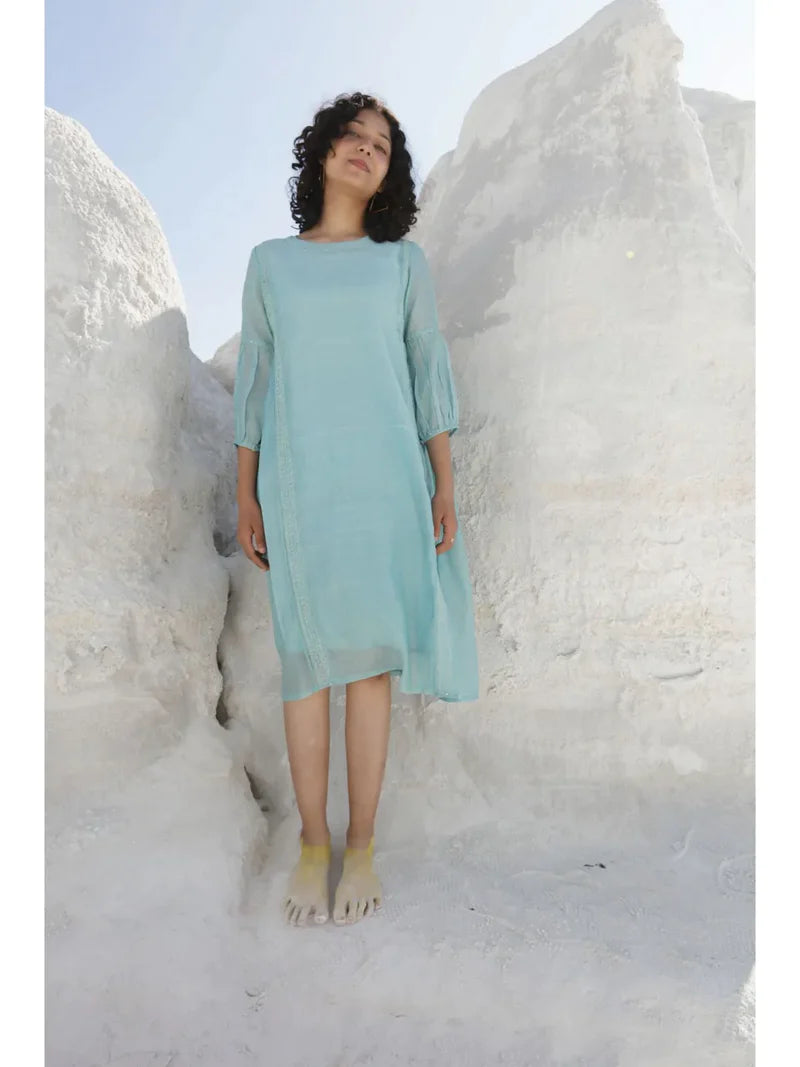 Current Trends Blue Embroidered Chanderi Dress with Slip
