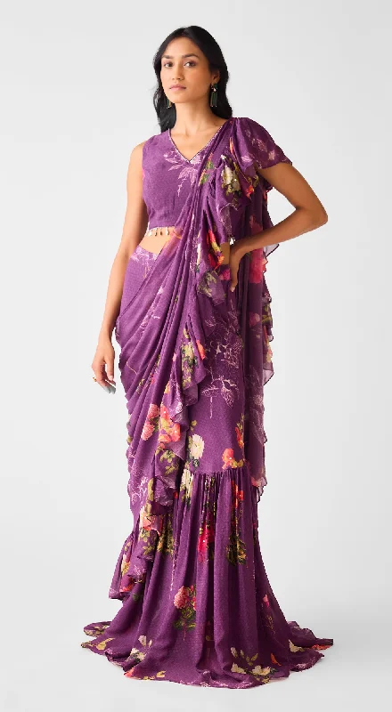 Women's Clothing Brands Purple Embroidered Chinon Floral Saree