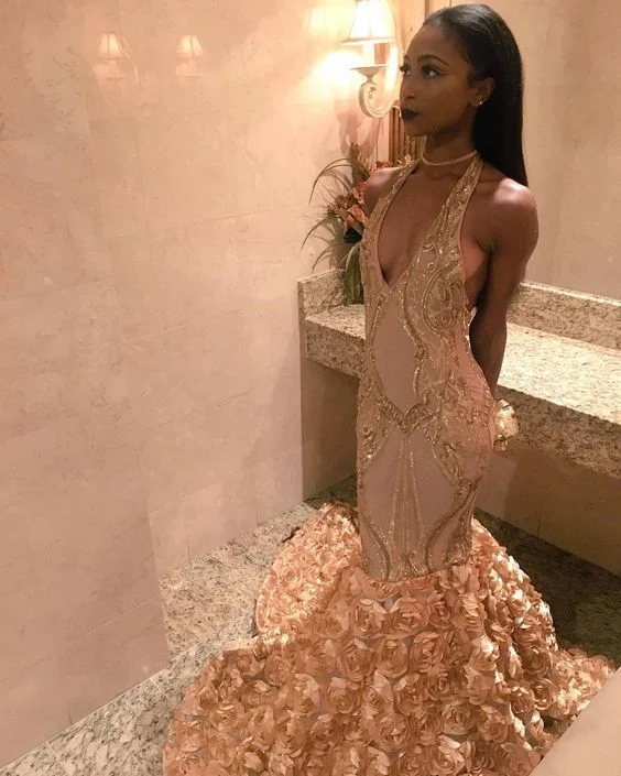 Seasonal Clearance Black Girls Mermaid Prom Dresses Halter Formal Dresses   cg11021