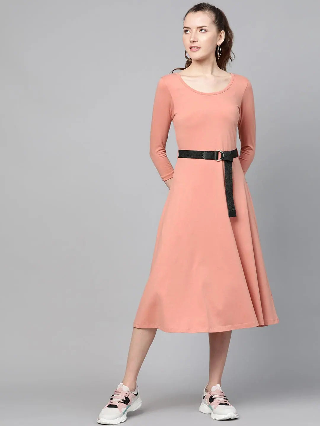 Fashion Women's Clothing Peach Skater Belted Midi Dress