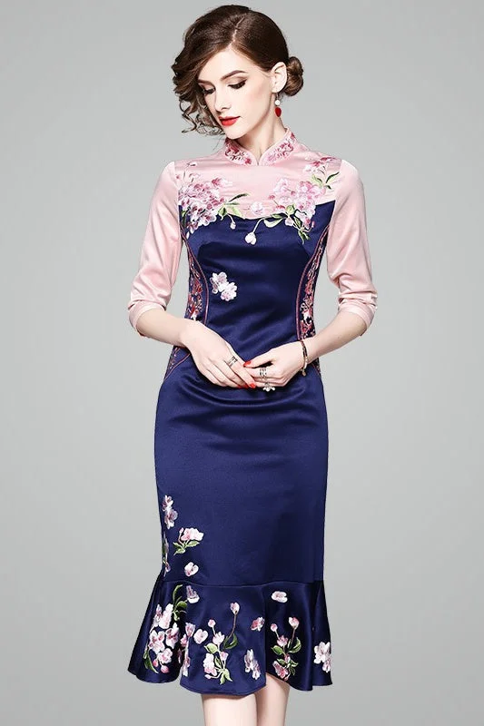 Trendy New Clothes Floral Embroidered Ruffle Hem Qipao Dress