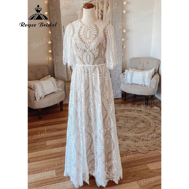 Huge Price Cut Vintage Bohemian Lace Boho Beach Open Back Women Wedding Dress with Sleeve 2025 Robe Mariee Bridal Gown Custom Made Floor Length Huge Price Cut Vintage Bohemian Lace Boho Beach Open Back Women Wedding Dress with Sleeve 2025 Robe Mariee Bridal Gown Custom Made Floor Length