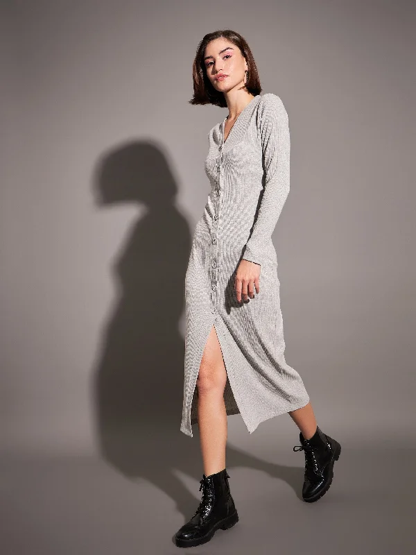 Stylish Savings Women Grey Rib Front Button Midi Dress