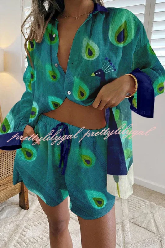 Hot Brand Discounts Smart Peacock Print Casual Buttoned Lace Up Shorts Set