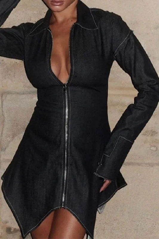 Luxe Women's Fashion Black Zipper Whimsical Irregular Denim Mini Dress
