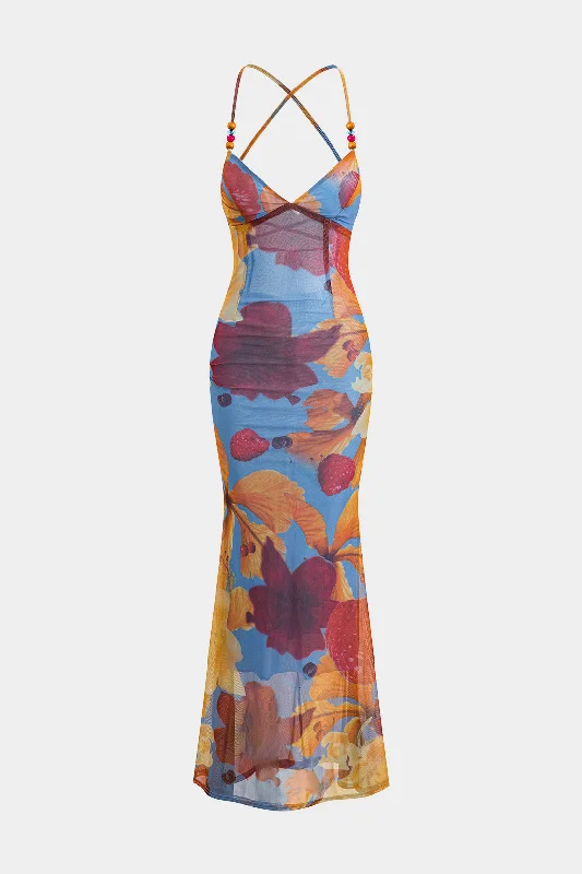 Eclectic Fashion Tropical Floral Print Mesh Backless Maxi Dress