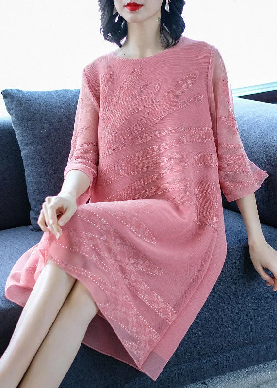 Chic Wardrobe Women Pink O-Neck Embroidered Floral Tulle Maxi Dresses Fall