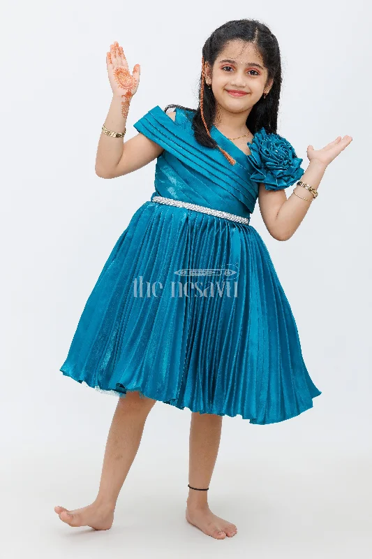 Online Shopping Boutiques Elegant Bluish Green Shoulder Party Frock with Pleated Skirt and Silver Waistband for Girls Online Shopping Boutiques Elegant Bluish Green Shoulder Party Frock with Pleated Skirt and Silver Waistband for Girls