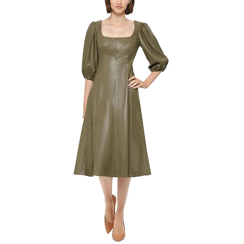 Versatile Women’s Fashion Calvin Klein Womens Faux Leather Square Neck Midi Dress