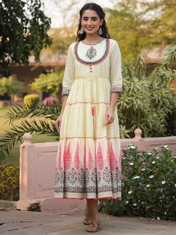 Exclusive Online Sale Juniper  Yellow Ethnic Motif Printed Cotton Voile Maxi Dress With Thread Embroidery