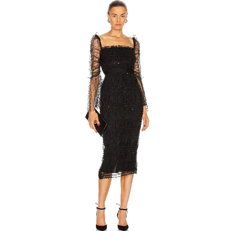 Woman Clothing Sparkly Sequin Flocked Dotted Tulle Cocktail Midi Dress - Black