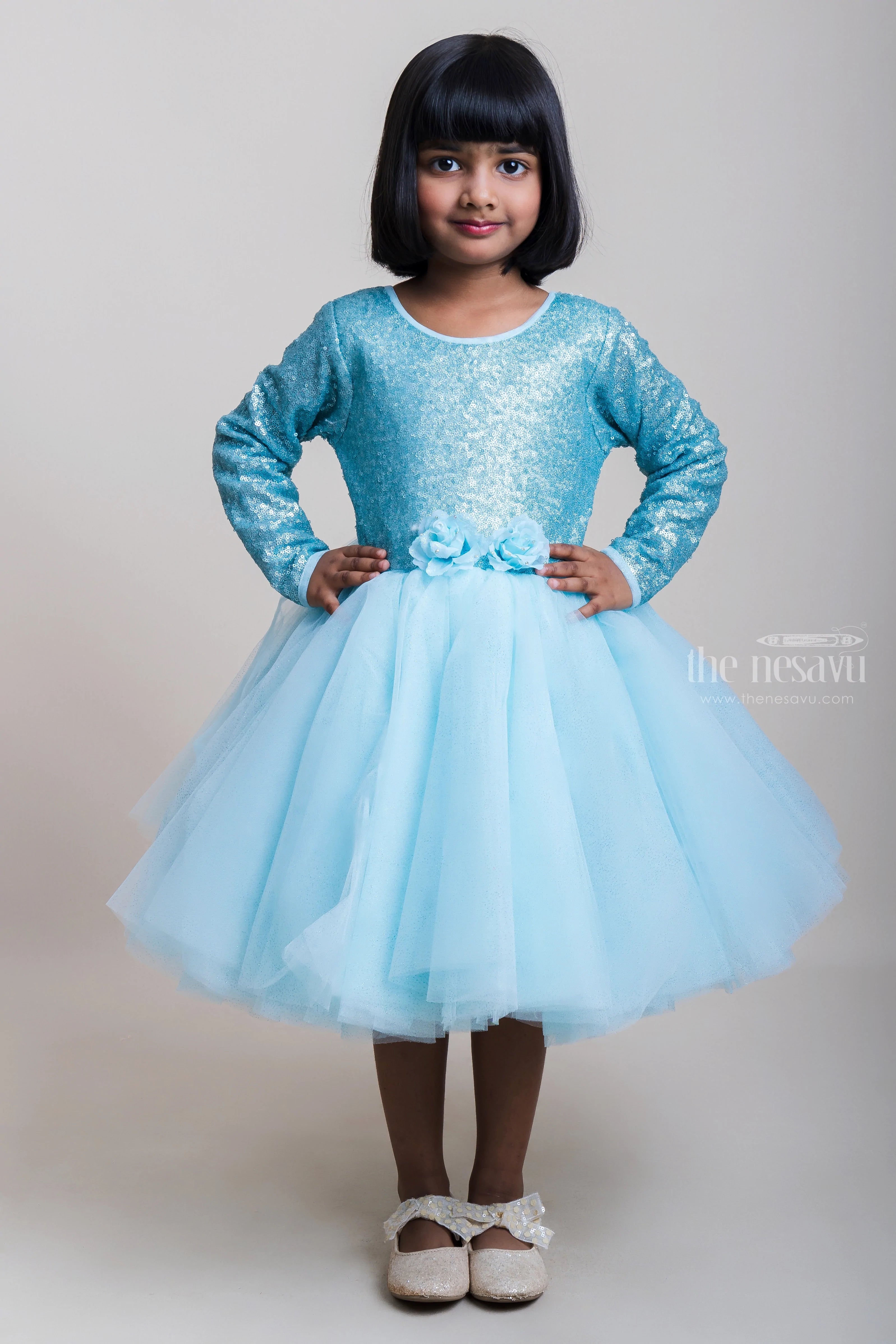 Clothing Brands Sequenced Teal Blue Net Party Frock With Embellishment For Girls