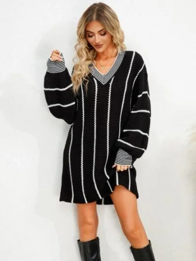 Latest Fashion for Women Striped V-Neck Long Sleeve Mini Dress