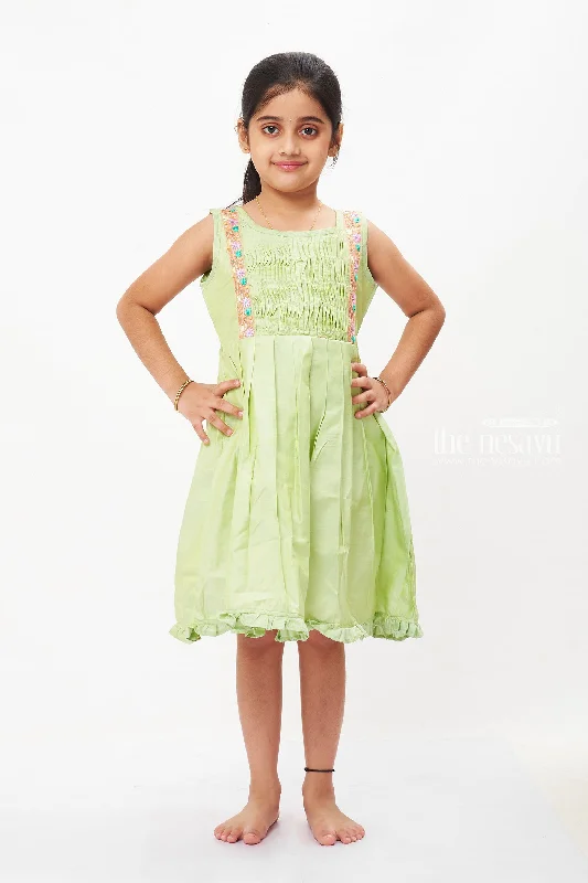 Versatile Outfits Girls Fresh Spring Green Cotton Frock with Artisanal Embroidery