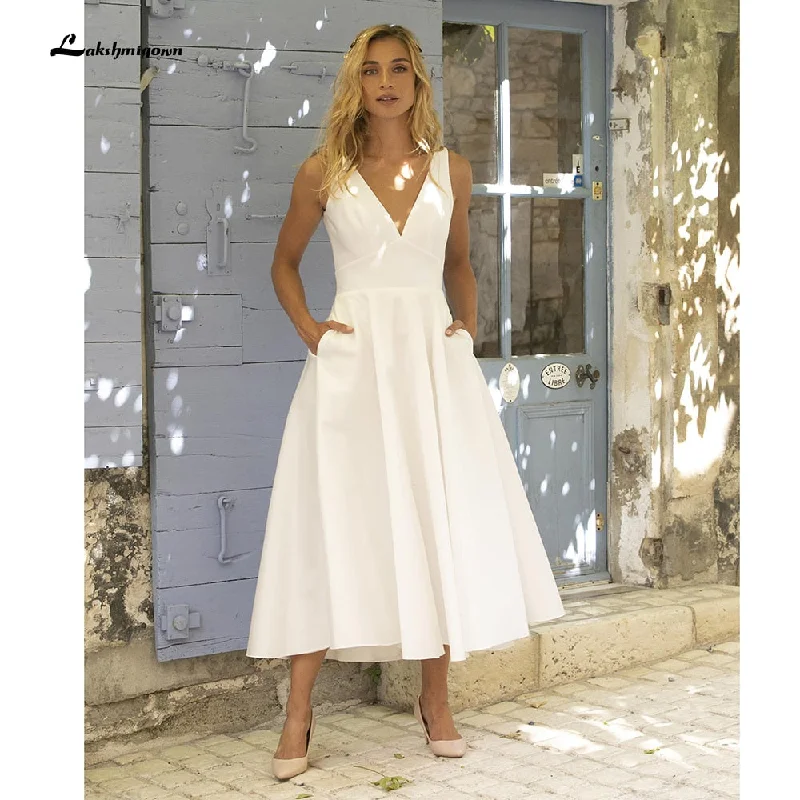 Stylish Savings Roycebridal Simple V Neck Satin Tea Length Backless Short Wedding Dresses With Pocket bridal gown Beach vestido de noiva simples Lakshmigown