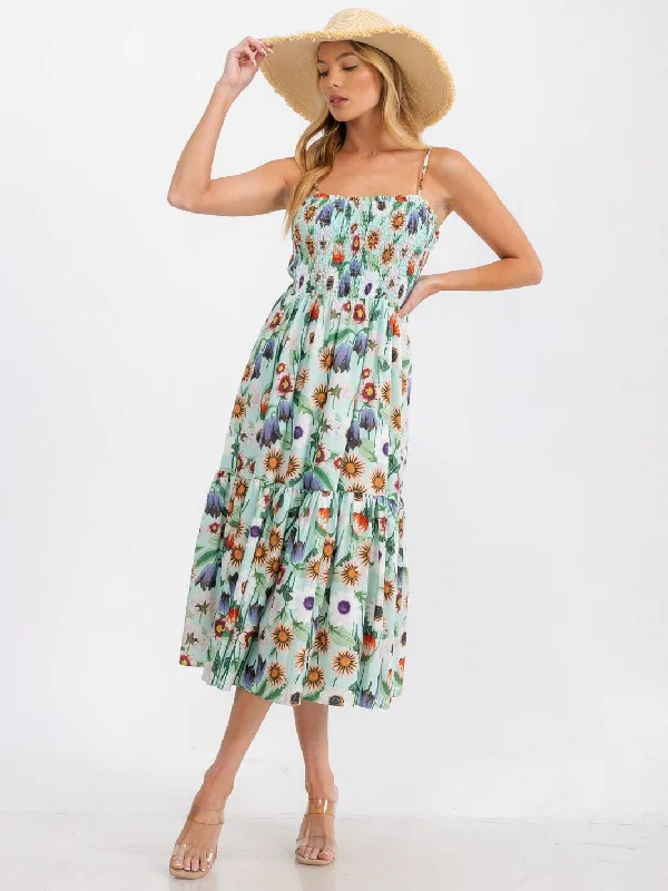 Odd Size Clearance Sale WOMEN'S SLEEVELESS SMOCK TIERED FLORAL PRINT MIDI DRESS