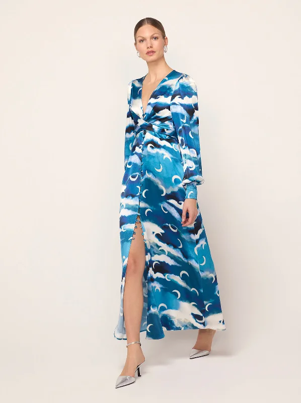 Premium Style Aurora Blue Cloud Print Maxi Dress