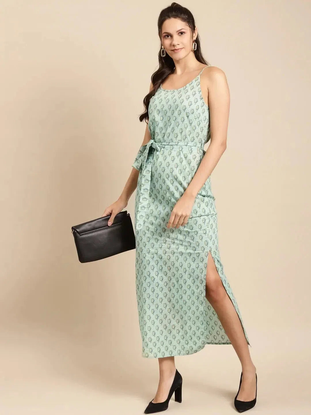 Sales For Clothes Speghetti Strap long maxi dress with waist tie in Mint Blue Print