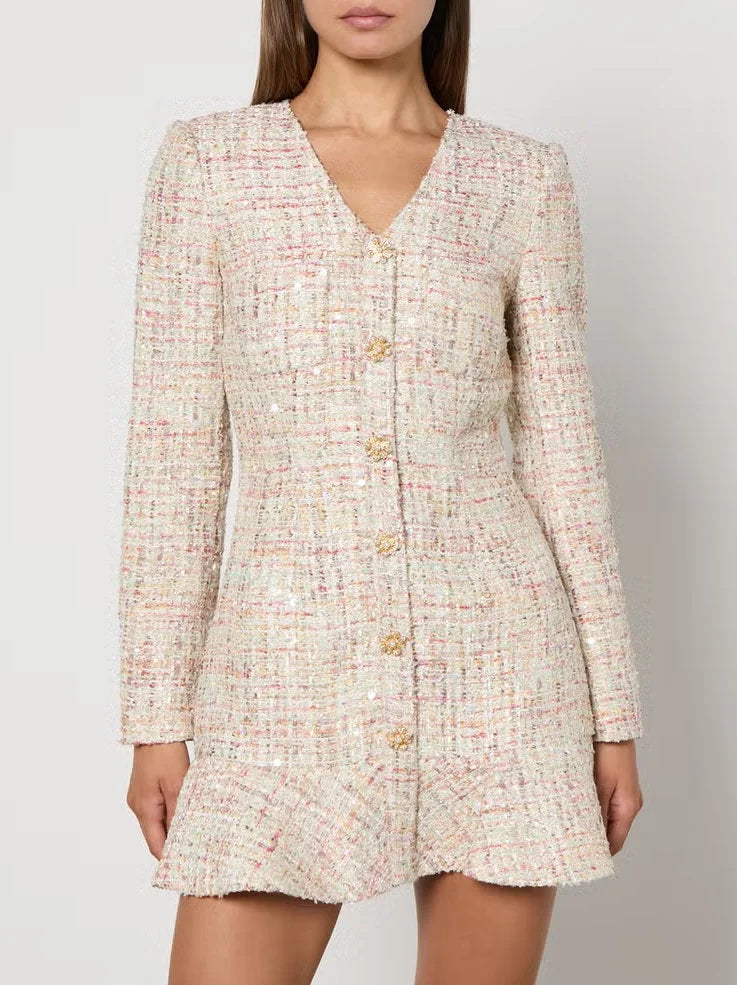 Versatile Outfits Bouclé Tweed V-Neck Sequin Mini Dress with Jewel Buttons