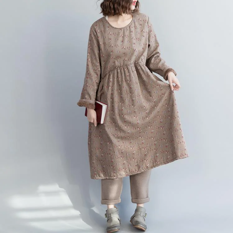 Women’s Formal Wear Unique khaki floral linen cotton dresses fine Christmas Gifts Kaftan o neck Cinched Dress Women’s Formal Wear Unique khaki floral linen cotton dresses fine Christmas Gifts Kaftan o neck Cinched Dress