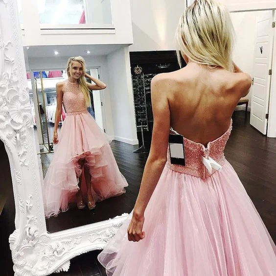 Clearance Sale Online Pink Tulle Beaded Bodice Prom Dresses Halter Backless High Low Party Dresses Teens Girls Evening Dresses Formal Gowns cg9522 Clearance Sale Online Pink Tulle Beaded Bodice Prom Dresses Halter Backless High Low Party Dresses Teens Girls Evening Dresses Formal Gowns cg9522