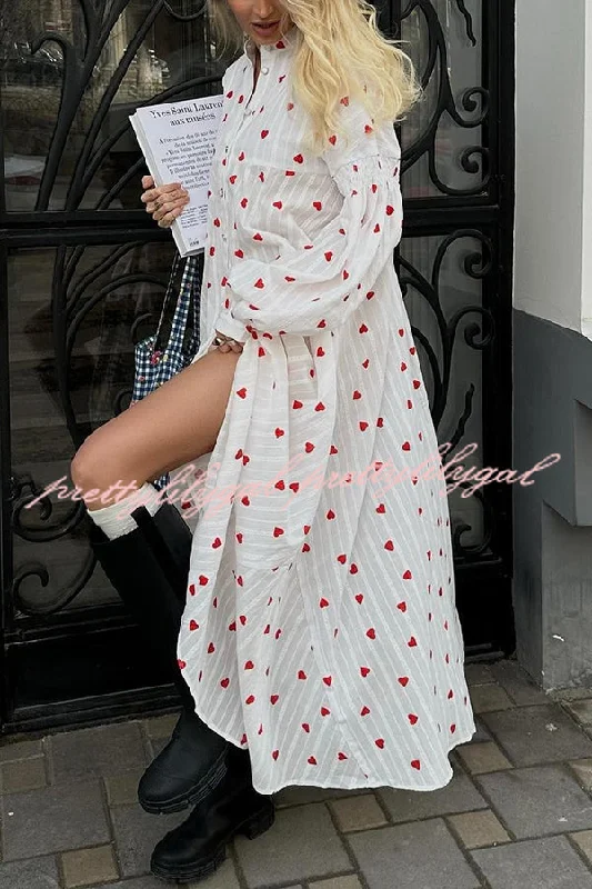 Final Sale Cute Heart Print Puff Sleeve Loose Shirt Style Maxi Dress