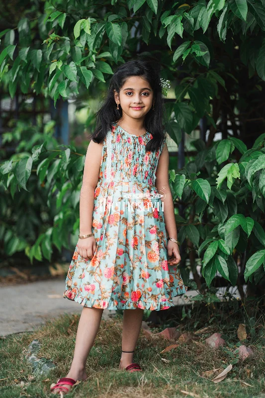 Seasonal Fashion Enchanted Garden Teal Cotton Frock for Girls