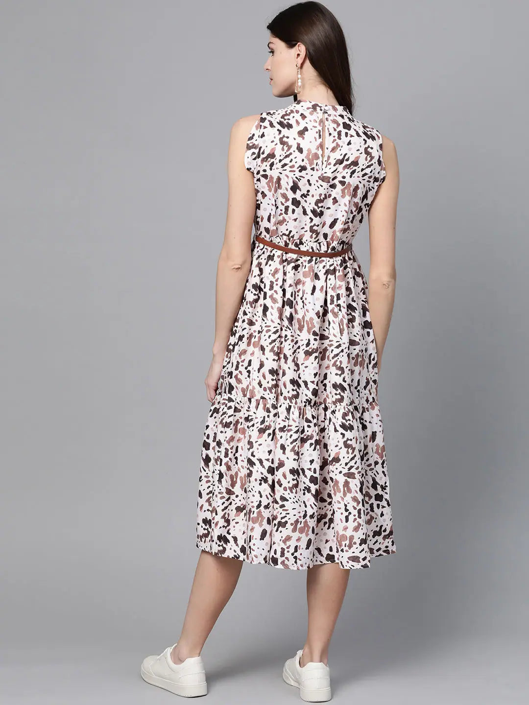 Women Clothes Off White Leopard Tiered Belted Midi Dress