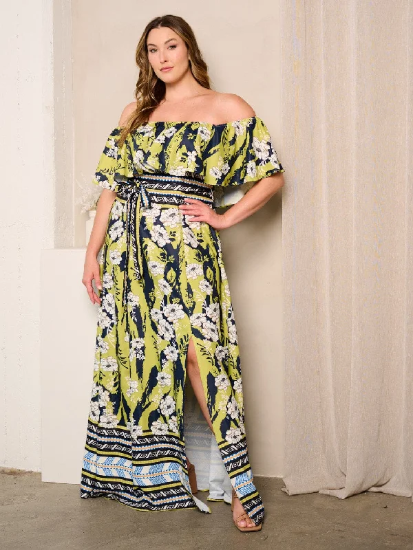 Daily Deals PLUS SIZE OFF SHOULDER RUFFLE FRONT SLIT FLORAL MAXI DRESS