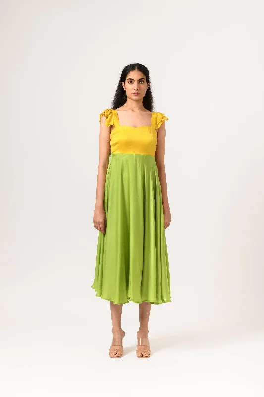 Women's Party Outfit Yellow Green Umbrella Dress