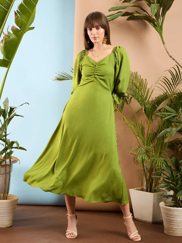 Minimalist Women’s Fashion Clothing Women Olive Front Ruched Back Cut Out Midi Dress