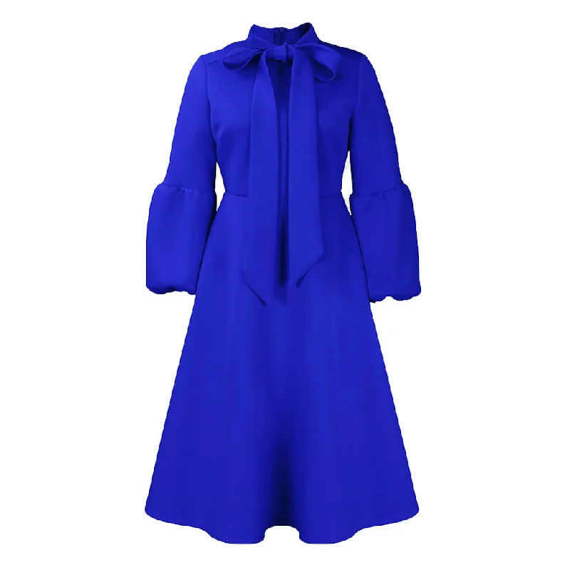 Stylish Dresses for Women Dramatic Bow Tie Neck Balloon Sleeve Fit and Flare Scuba Midi Dress Stylish Dresses for Women Dramatic Bow Tie Neck Balloon Sleeve Fit and Flare Scuba Midi Dress