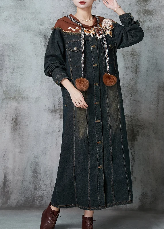 Holiday Discount Fine Navy Floral Patchwork Denim Long Dresses Spring