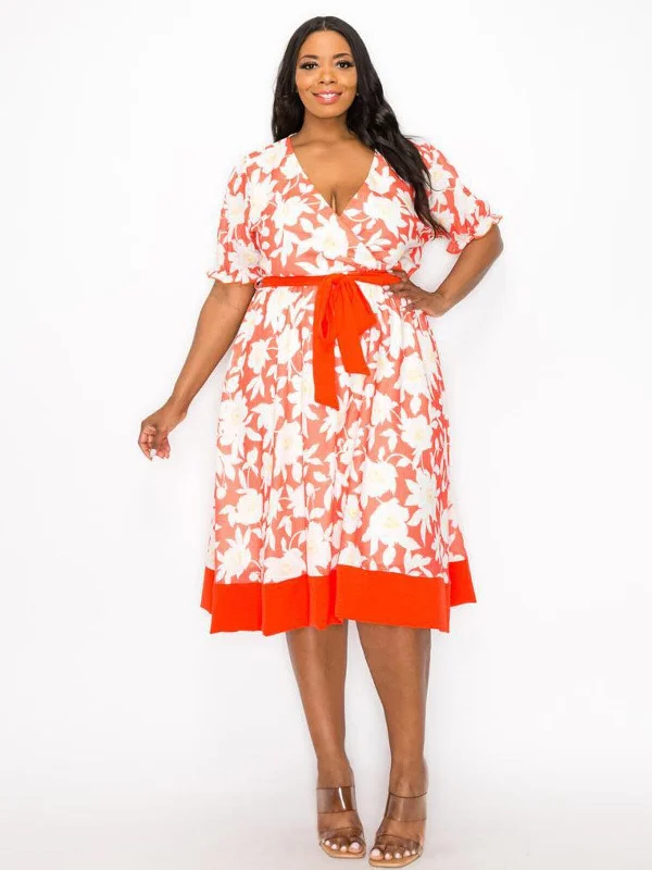 Unbeatable Prices PLUS SIZE SHORT SLEEVE SURPLICE SELF TIE FLORAL MIDI DRESS