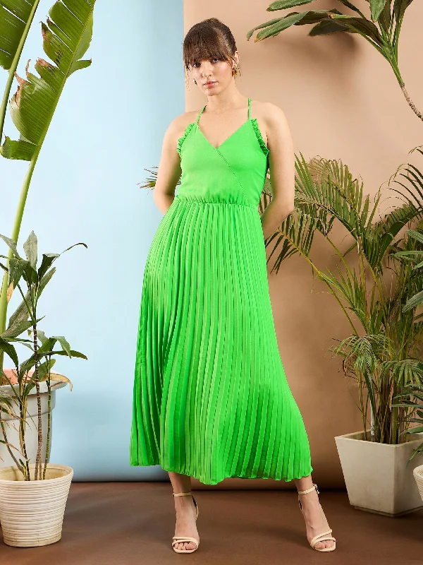 Wardrobe Update Women Green Strappy Pleated Maxi Dress