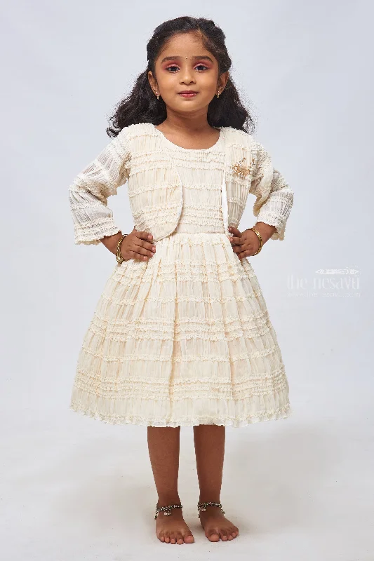 Seasonal Sale Ivory Allure: Girls Ceremonial Wear with Graceful Ruffles, Pleats & Complementary Overcoat Seasonal Sale Ivory Allure: Girls Ceremonial Wear with Graceful Ruffles, Pleats & Complementary Overcoat